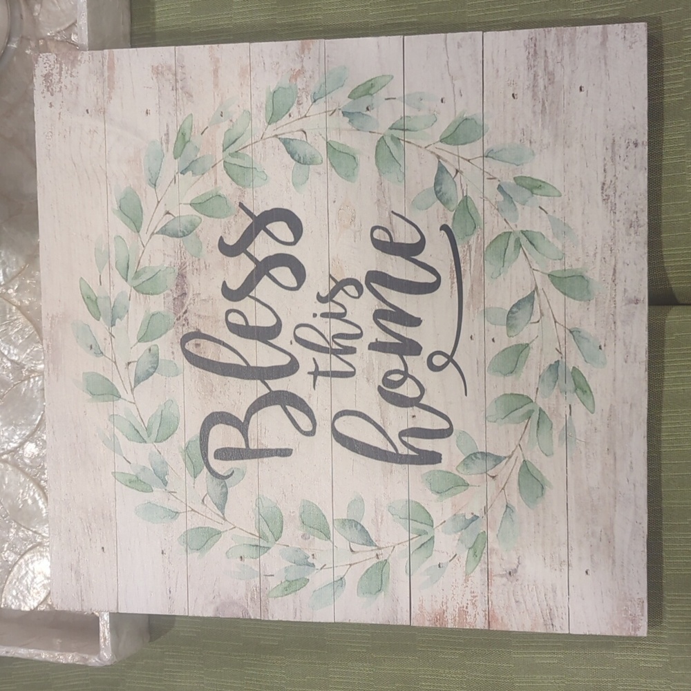 "Bless this Home" wooden wall art Hobby Lobby in white and green